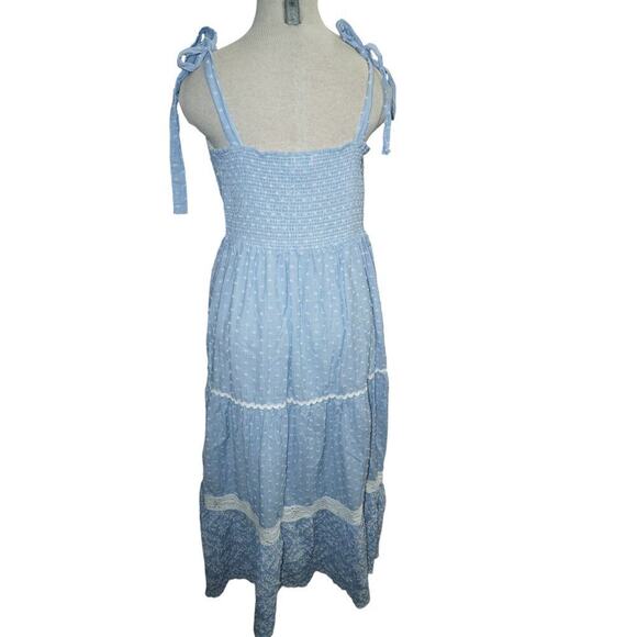 Shabby Chic Blue Polka Dot Tie Strap Midi Dress Size 10 Boho Cottagecore - Picture 4 of 5